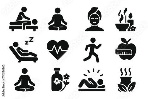 Wellness icon set with massage, yoga, spa, relaxation, health, exercise, diet, wellbeing, meditation, aromatherapy, fitness, self-care solid vector collection