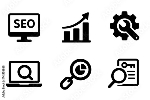 SEO icon set, search engine optimization collection for business and marketing, traffic growth, ranking analytics, optimization tools, link and keyword concept icons, solid vector