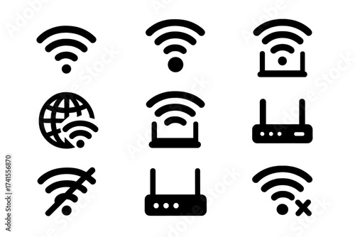 Wifi icon set with online, signal, wireless, internet, hotspot, offline, router symbols, network connectivity, wireless communication, technology concepts