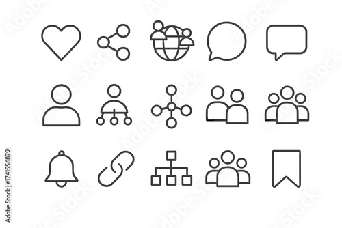 Social media outline icon set, including like, share, network, comment, profile, connection, friends, and networking icons, minimal line vector collection for digital communication