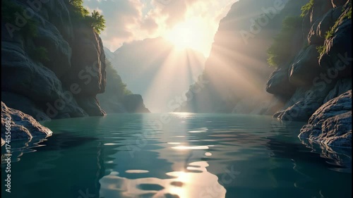 Sunset Over Water - Majestic Cliffs and Calm Waters