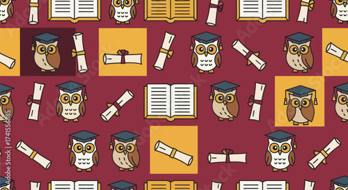Academic pattern owls in graduation caps, books, diplomas