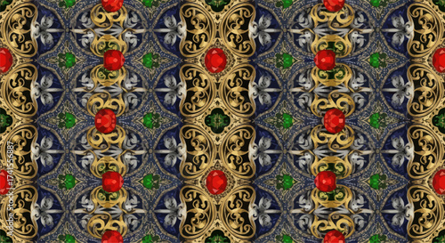 Ornate pattern gold scrollwork, blue filigree, red/green gems