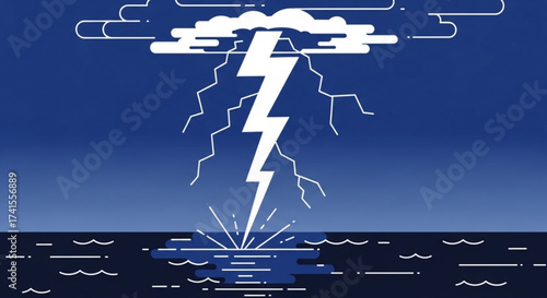 A striking lightning bolt descends from a stormy cloud, illuminating the dark ocean with its powerful electric discharge and energy