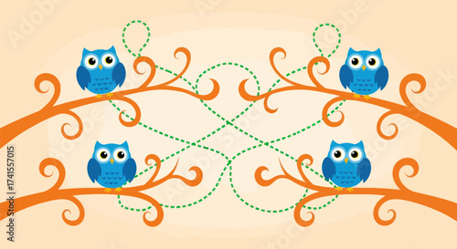 Four stylized blue owls perch on curly branches, linked by dotted lines