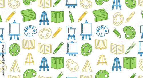Art supply pattern with easels, pencils, palettes, books, boxes