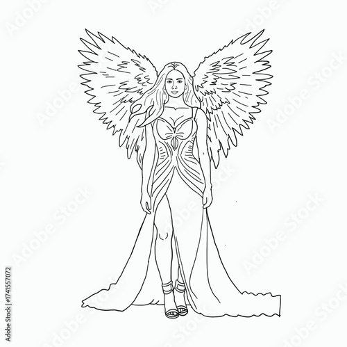 Majestic and Graceful Angel with Expansive Wings in a Flowing Elegant Gown. Radiant Celestial Angel with Magnificent Wings Adorned in a Luxurious Flowing Gown
