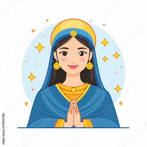 Praying woman in blue robe with transparent background