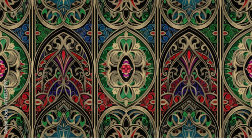Intricate colorful pattern of stylized floral motifs and arches
