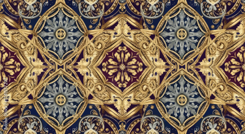 Ornate golden floral tile pattern on blue and dark red background