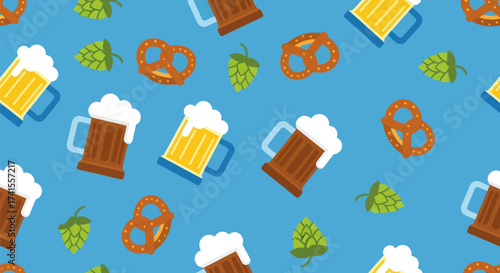 Vector pattern with beer mugs, pretzels and hops on blue background