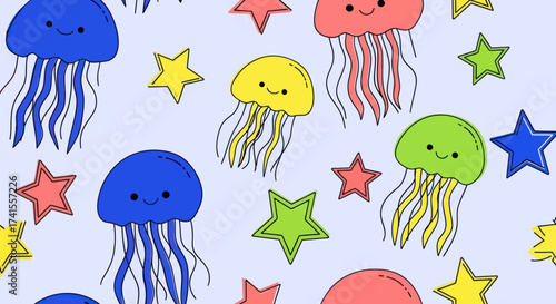 Cute cartoon jellyfish & stars on light-purple background