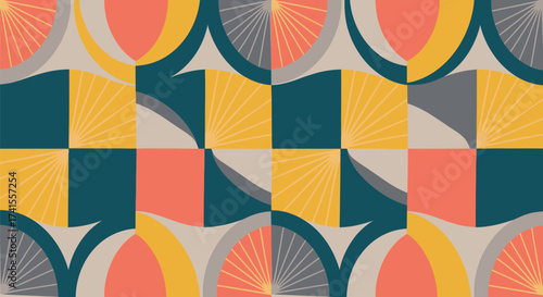 Geometric repeat pattern with retro color palette. Halves, squares, sunburst motif