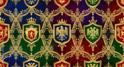 Regal shields & golden filigree on colorful textured grounds