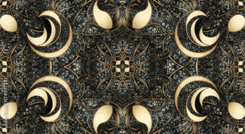 Ornate pattern golden crescents and floral motifs over a dark stone-like background