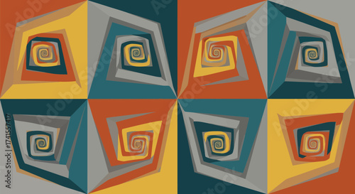 Quadrants showcase geometric swirls in orange, teal, yellow, & grey; fractal, hypnotic & abstract