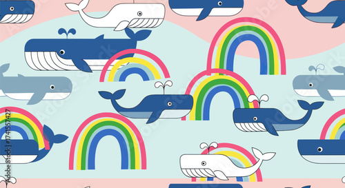 Whimsical whales & rainbows pattern on light blue and pink background