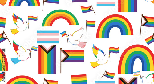 Colorful seamless pattern with pride flags, doves, and rainbows on white