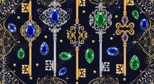 Jeweled ornate keys in gold, silver, and gems on dark backdrop with decorative flourishes