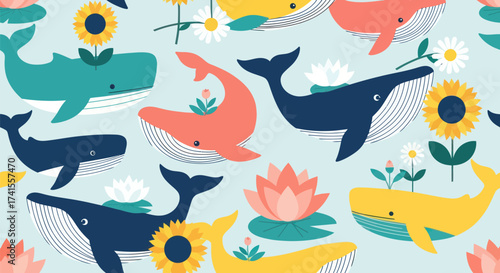 Colorful whimsical whale and flower pattern on light blue background
