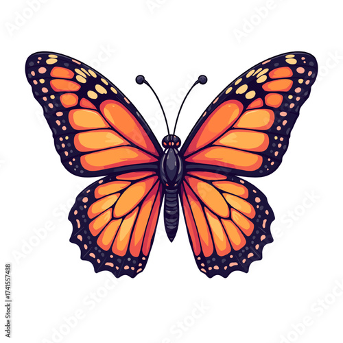 Monarch butterfly with orange and black wings, realistic insect illustration representing transformation, freedom and nature’s elegance