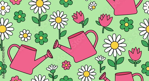 Floral & watering can pattern, light green background, cartoon style