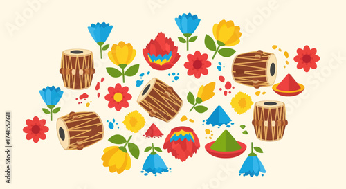 Drums, flowers, and colored powder create a festive pattern