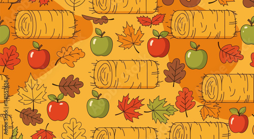 Fall-themed seamless pattern with apples, bales of hay, and leaves