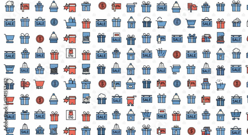 Pattern of retail icons gifts, carts, sale signs, & discounts