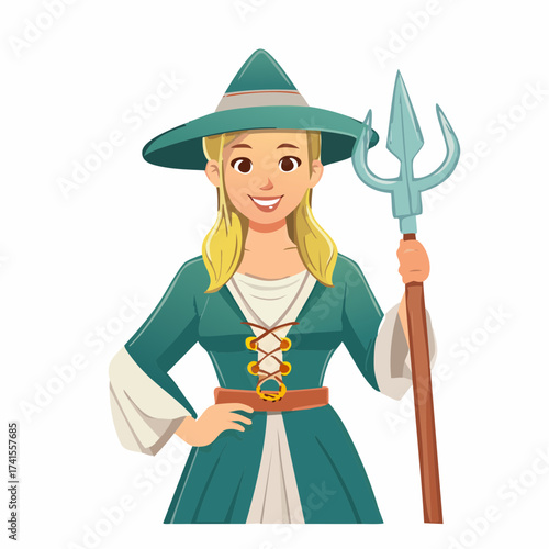 Fantasy female character with trident with transparent background