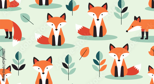 Fox forest Repeat pattern of stylized foxes and leaves on a pale green background