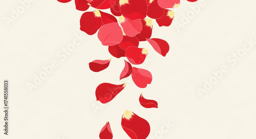 Falling red rose petals on a light beige background, creating a romantic and elegant atmosphere with a touch of natural beauty