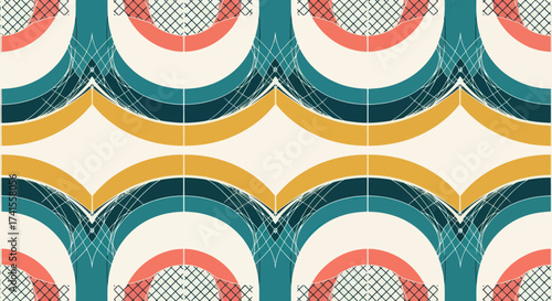 Retro, layered pattern with arches and lattice