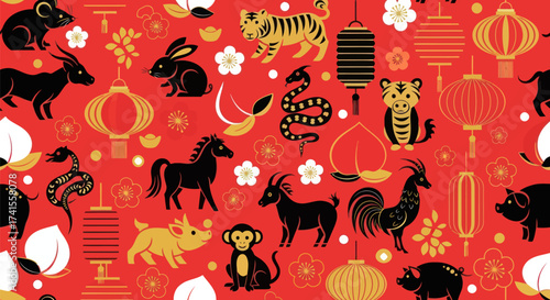 Red seamless pattern with zodiac animals, lanterns, gold on red
