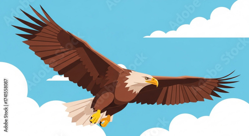 Majestic bald eagle soars through the sky with its wings spread wide, a symbol of freedom and power against a blue sky backdrop