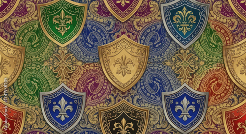Shields with fleurs-de-lis layered on paisley background