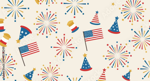 Patriotic pattern with fireworks, flags, and party hats on light background