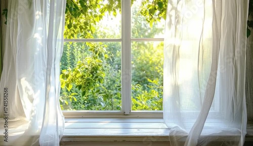 A bright and airy scene featuring an open white-framed window with sheer white curtains gently flowing in a soft breeze. The background shows a sunlit garden with vibrant green foliage glowing under