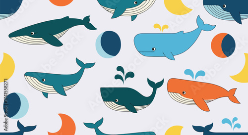 Colorful whale pattern with moon-shaped elements on a light background