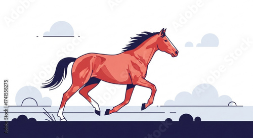 Illustration of a horse running in a field with clouds in the background