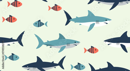 Sharks and striped fish, cartoon style pattern on a light green background