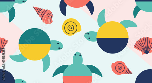 Pattern of stylized turtles and seashells on a geometric background
