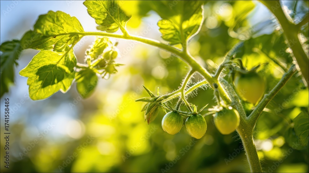 Fototapeta premium Close up of green tomato plants with fresh leaves glowing in sunny environment
