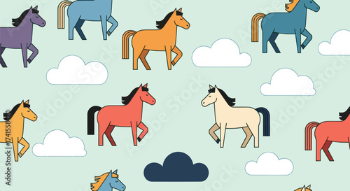 Cartoon horse pattern with clouds on mint backdrop