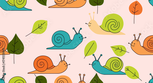 Cheerful snail pattern, various colors and leaves on pale pink background