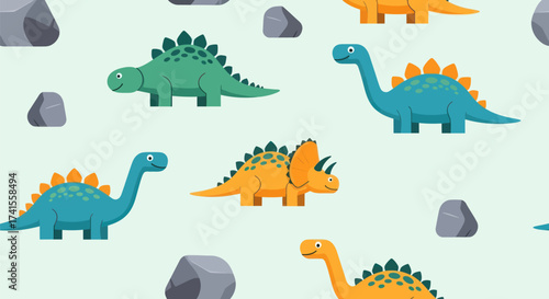 Cartoon dinosaur pattern with green, blue, orange dinosaurs and rocks