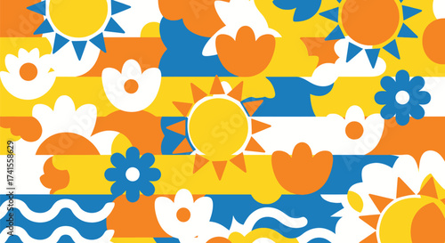 Patterned background featuring suns, flowers, waves, & clouds