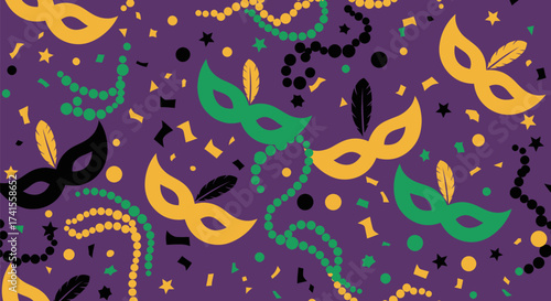 Masks and beads scatter on purple backdrop with confetti and stars