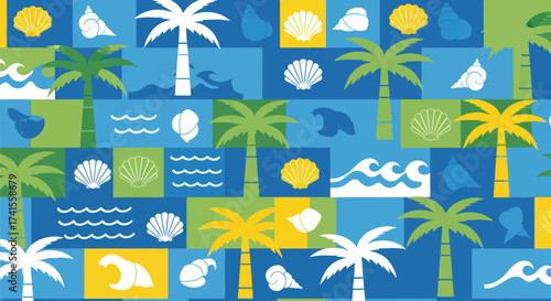 Tropical pattern with stylized palms, shells, and waves in bold colors