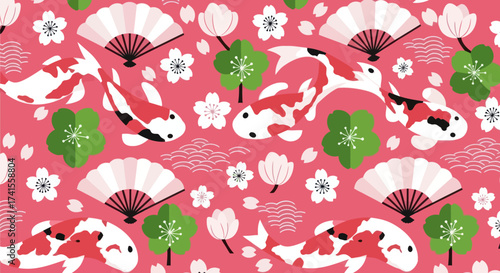 Seamless pattern with koi fish, fans, flowers, and petals on a pink background